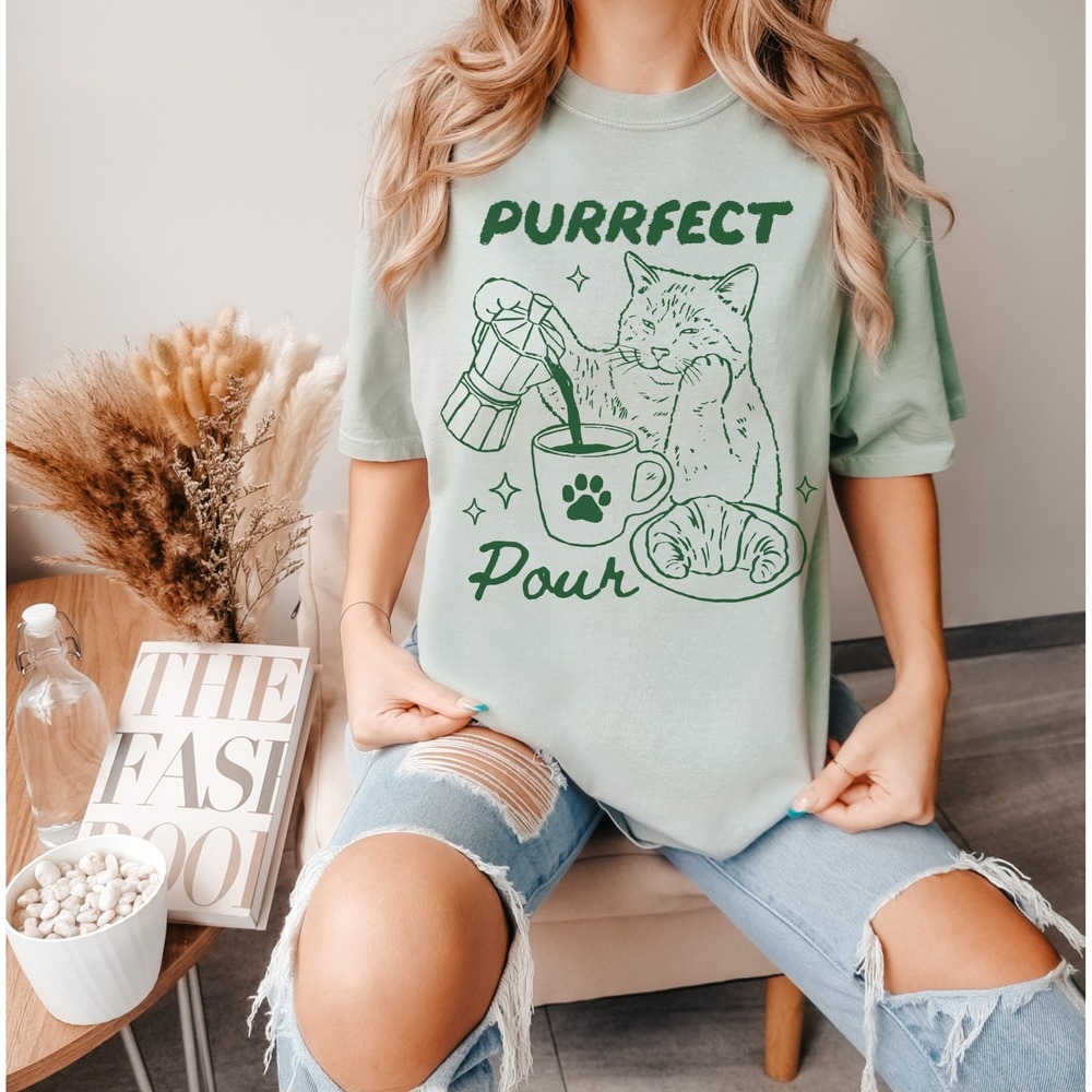 Purrfect Pour Coffee Cat Graphic Tee Cozy Illustration